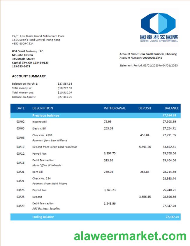 Guotai Junan Securities bank corporate checking account statement Word and PDF template